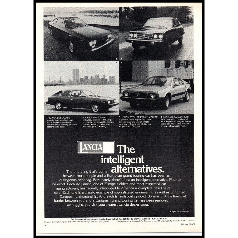 1976 Lancia Beta Coupe Sedan HPE Scorpion Vintage Print Ad Line Up Wall Art